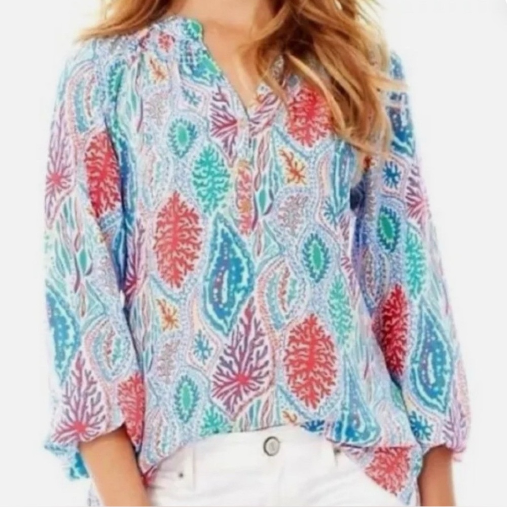 lily Pulitzer Elsa long sleeve sive M Vibrant Multicolor Blouse 100 percent silk